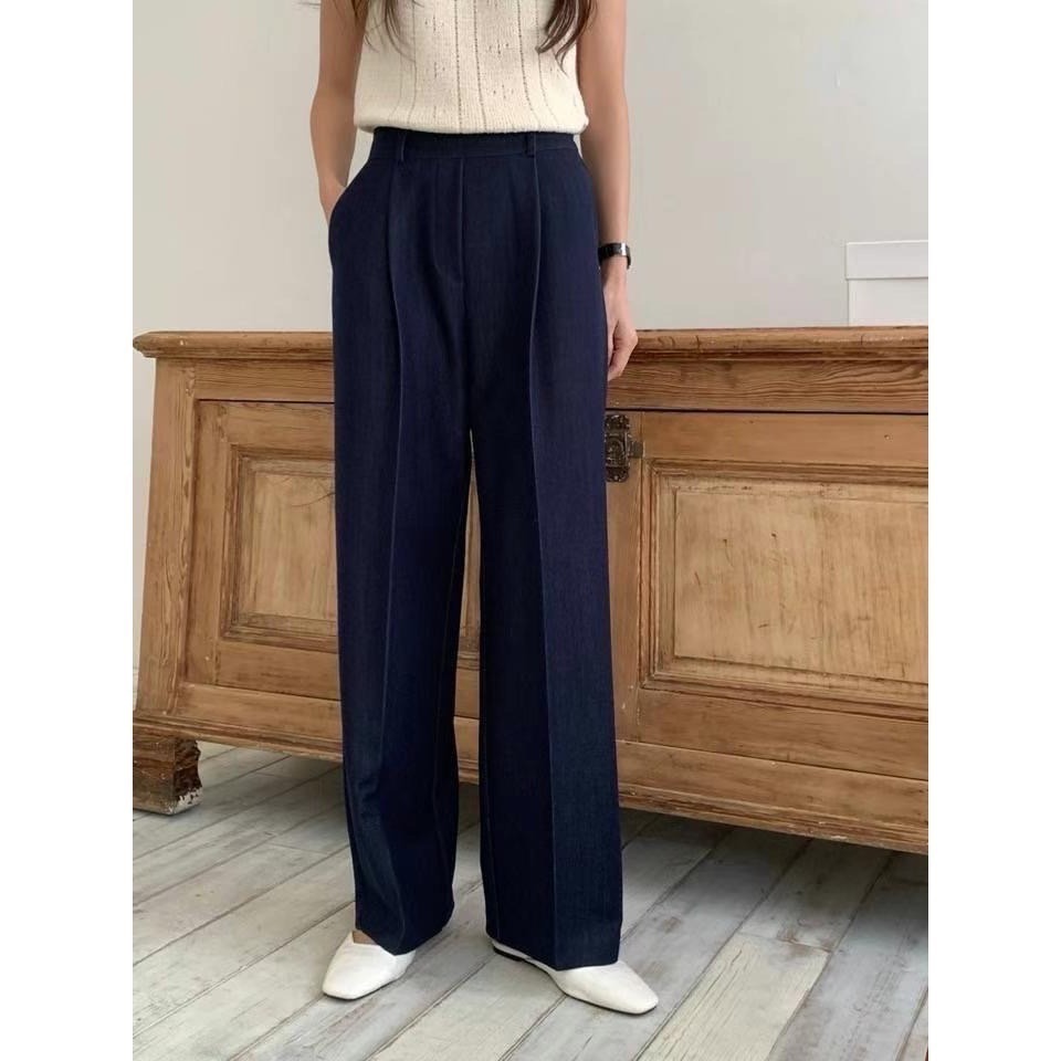 正韓現貨 顯瘦版型 壓褶 可正式可休閒 少見的丹寧牛仔 2色 經典跟深藍 神西裝褲-細節圖2