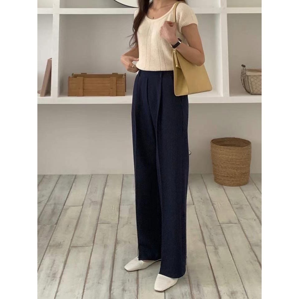 正韓現貨 顯瘦版型 壓褶 可正式可休閒 少見的丹寧牛仔 2色 經典跟深藍 神西裝褲-細節圖5