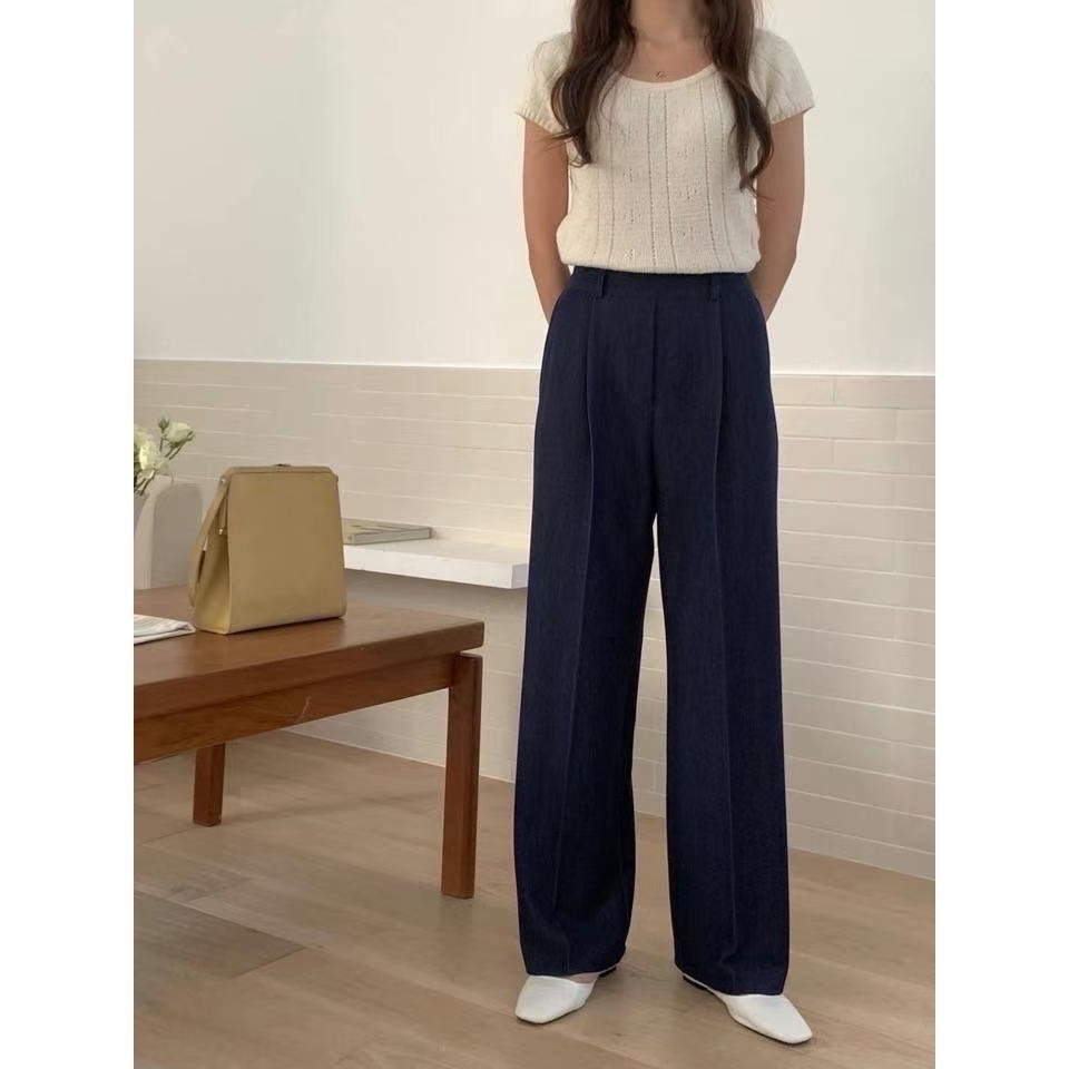 正韓現貨 顯瘦版型 壓褶 可正式可休閒 少見的丹寧牛仔 2色 經典跟深藍 神西裝褲-細節圖8