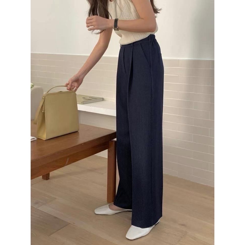 正韓現貨 顯瘦版型 壓褶 可正式可休閒 少見的丹寧牛仔 2色 經典跟深藍 神西裝褲-細節圖7