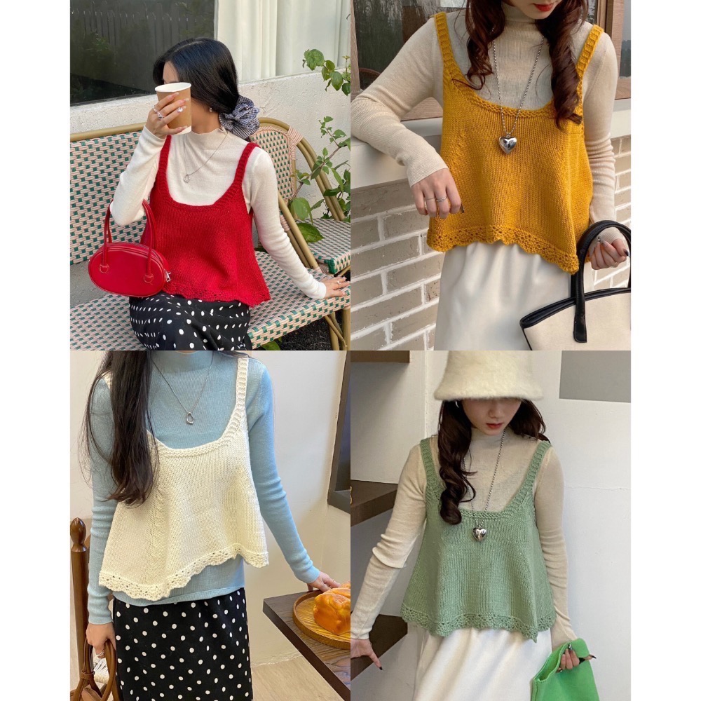 ［台中現貨⚡️］202512歐洲旅拍新品小資毛線針織背心 毛線🧶鉤針針織 下擺蕾絲 小裙擺 A字 4色-細節圖2