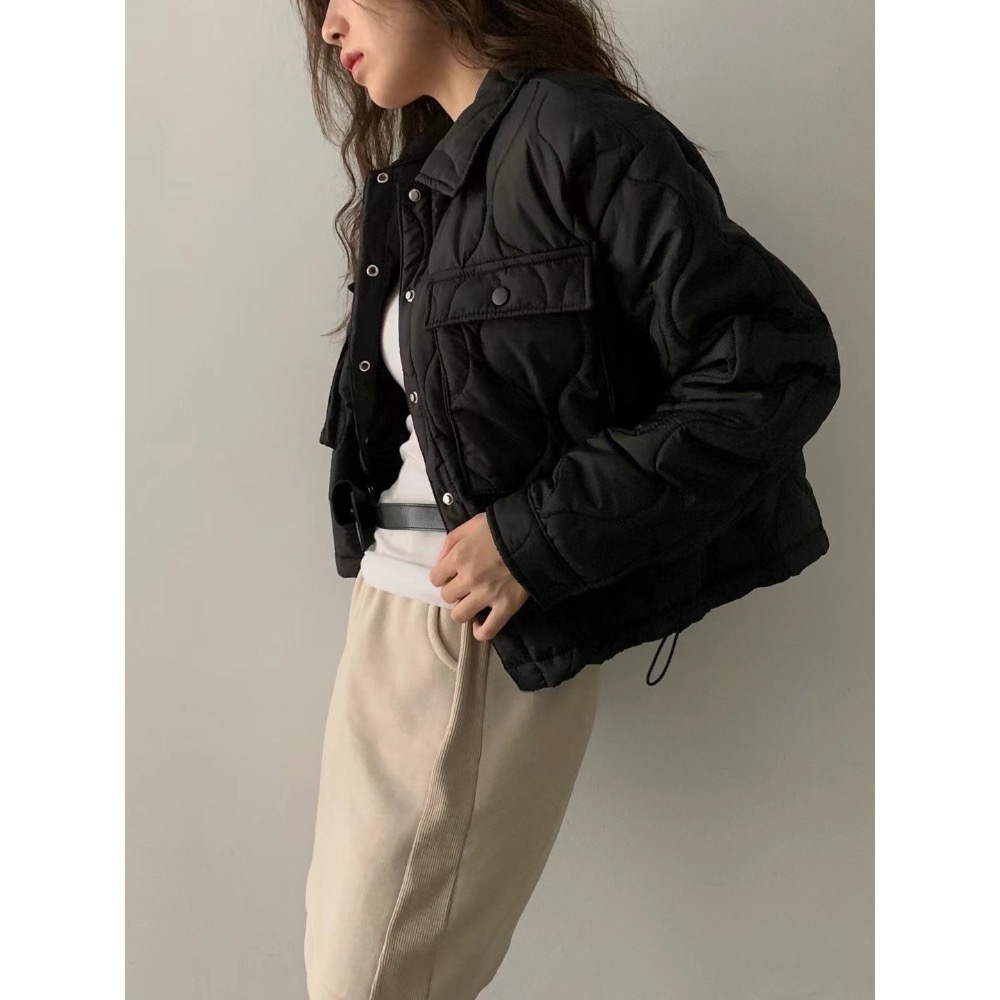 現貨 正韓空運🇰🇷無印風大口袋絎縫葫蘆紋下抽繩保暖鋪棉外套 3色-細節圖2