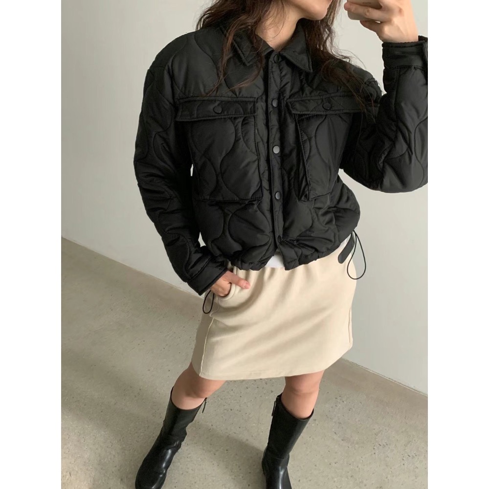 現貨 正韓空運🇰🇷無印風大口袋絎縫葫蘆紋下抽繩保暖鋪棉外套 3色-細節圖9