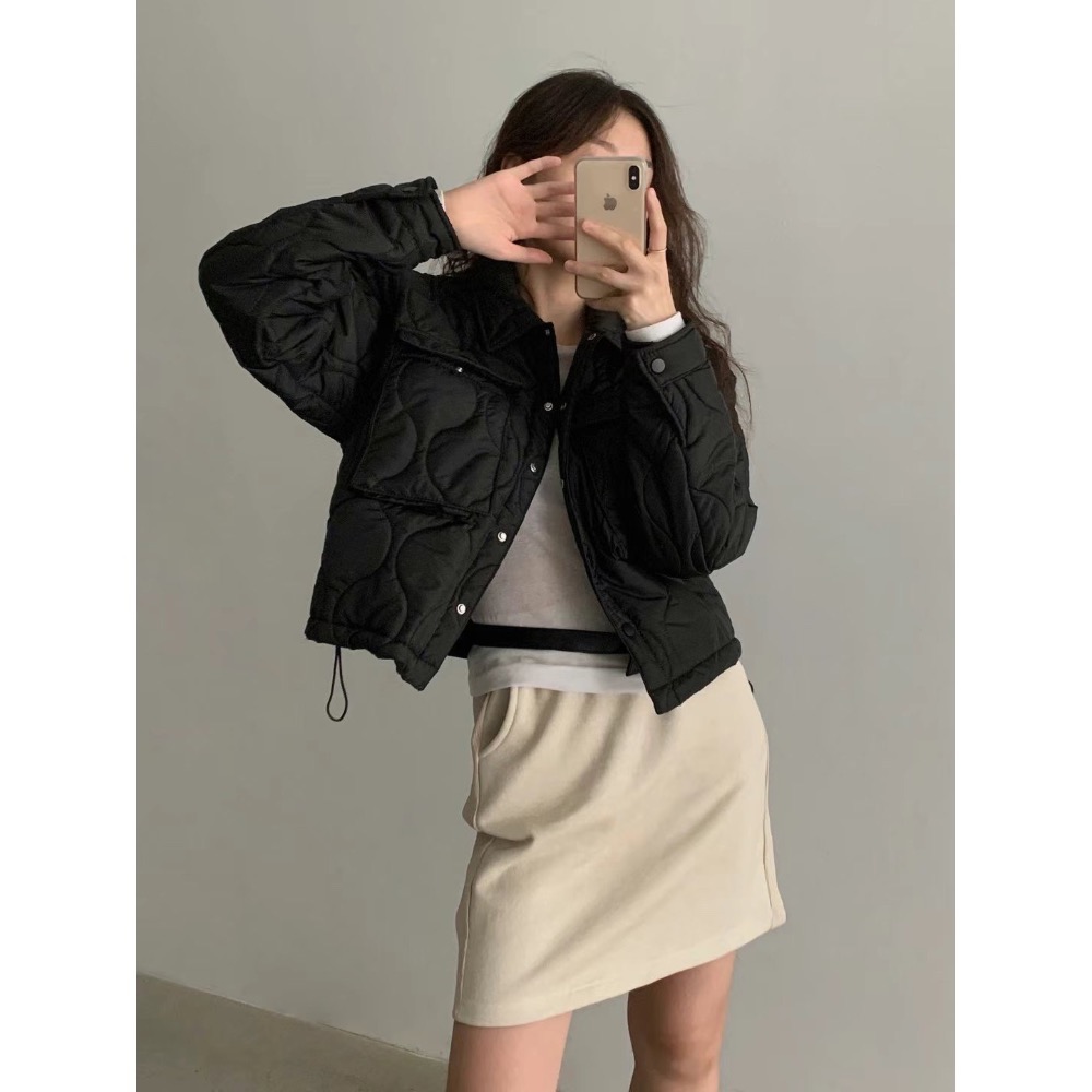 現貨 正韓空運🇰🇷無印風大口袋絎縫葫蘆紋下抽繩保暖鋪棉外套 3色-細節圖11