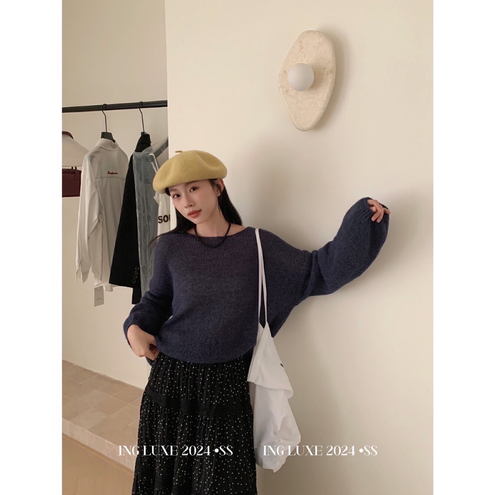 大碼友善 慵懶風寬鬆顯瘦微透瘦百搭圓領針織毛衣 紫色、藏藍、紅色、卡其四色現貨-細節圖2