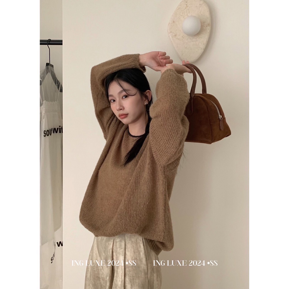 大碼友善 慵懶風寬鬆顯瘦微透瘦百搭圓領針織毛衣 紫色、藏藍、紅色、卡其四色現貨-細節圖4