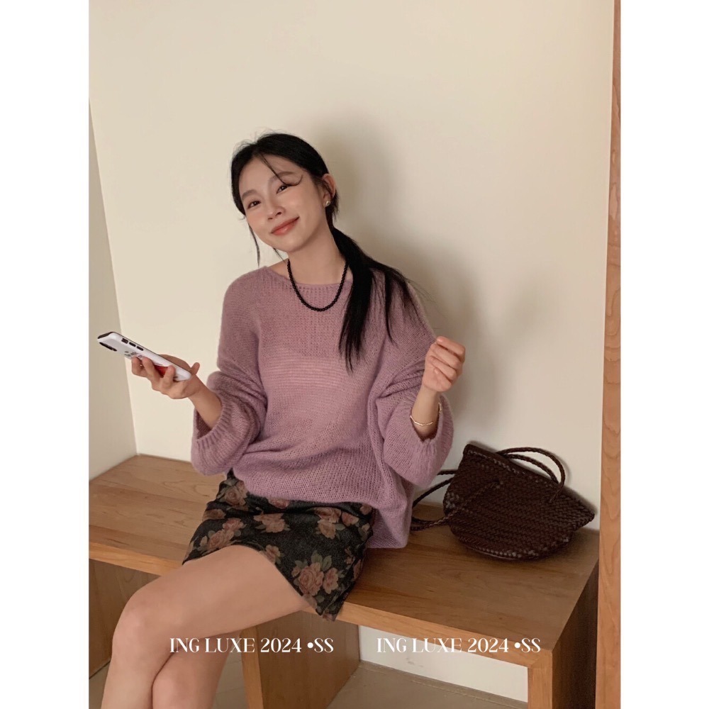 大碼友善 慵懶風寬鬆顯瘦微透瘦百搭圓領針織毛衣 紫色、藏藍、紅色、卡其四色現貨-細節圖5