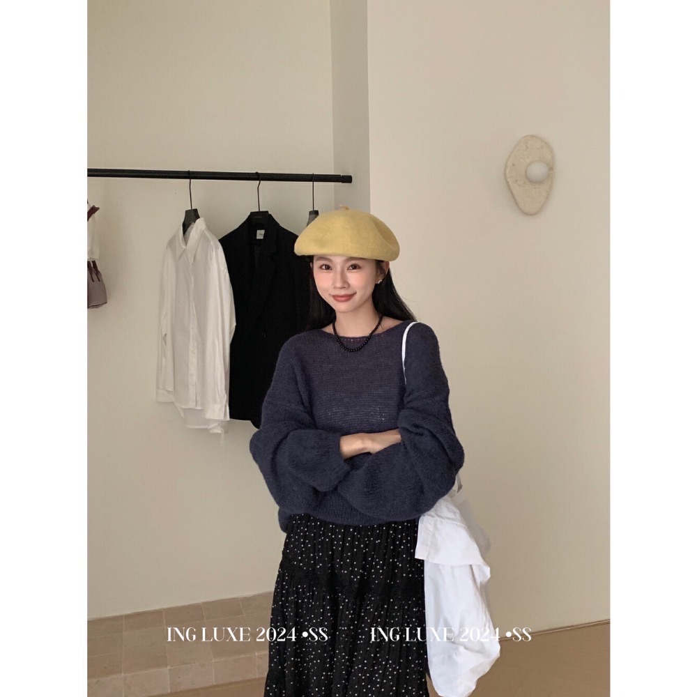 大碼友善 慵懶風寬鬆顯瘦微透瘦百搭圓領針織毛衣 紫色、藏藍、紅色、卡其四色現貨-細節圖6