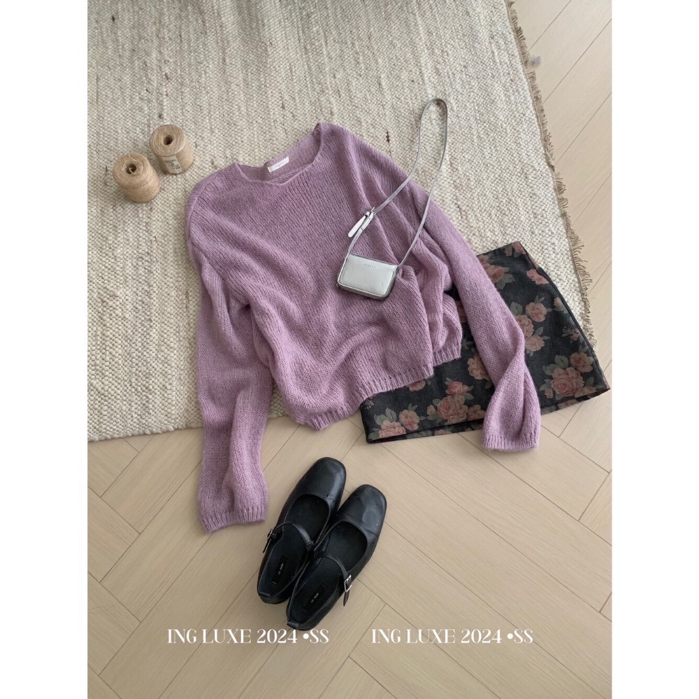 大碼友善 慵懶風寬鬆顯瘦微透瘦百搭圓領針織毛衣 紫色、藏藍、紅色、卡其四色現貨-細節圖7