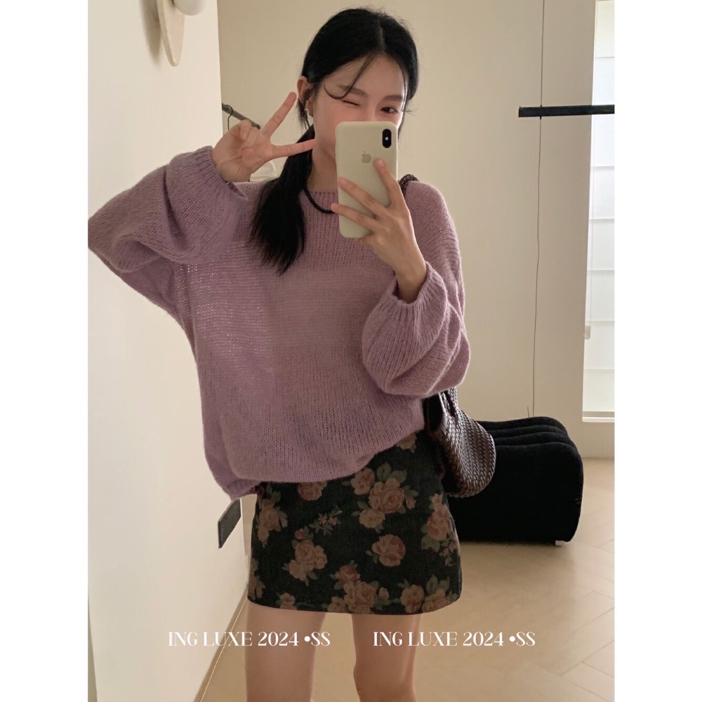 大碼友善 慵懶風寬鬆顯瘦微透瘦百搭圓領針織毛衣 紫色、藏藍、紅色、卡其四色現貨-細節圖8