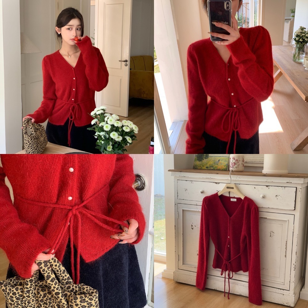 ［台中現貨⚡️］情人節封面氣質綁帶珍珠款！V領顯瘦腰身毛衣（含20%兔毛）-細節圖2