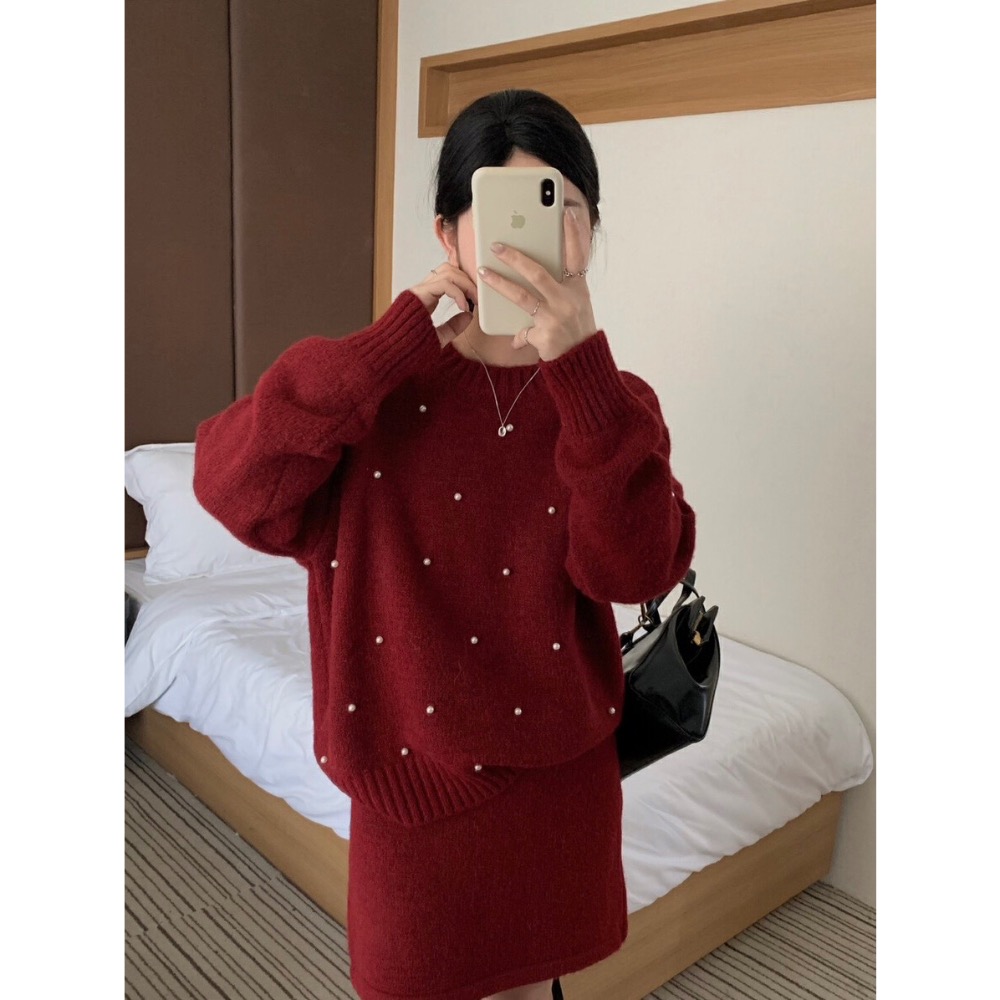 情人節千金高級感針織滿版珍珠釘珠毛衣套裝毛衣+氣質高腰顯瘦短裙經典小香黑酒紅2色-細節圖2
