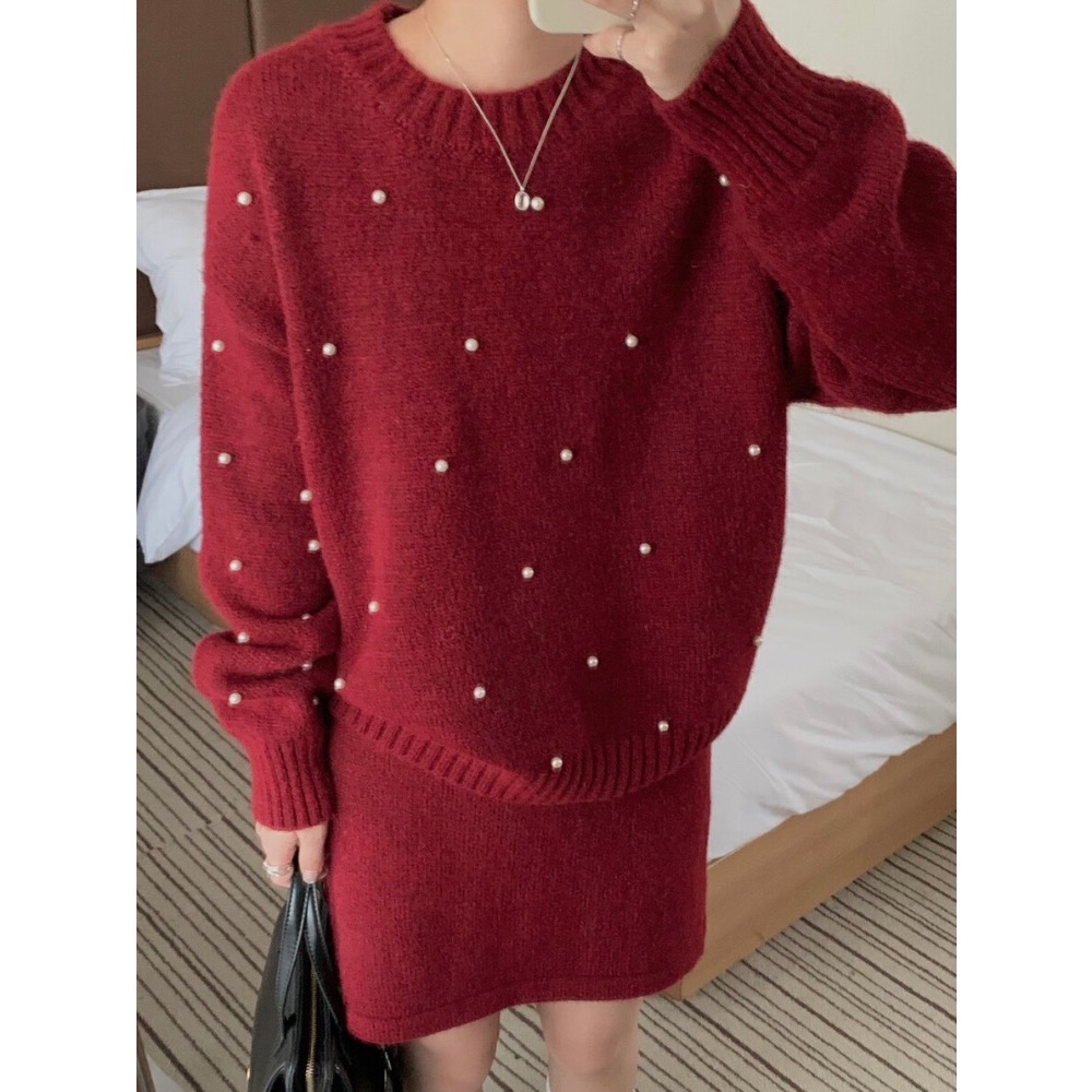 情人節千金高級感針織滿版珍珠釘珠毛衣套裝毛衣+氣質高腰顯瘦短裙經典小香黑酒紅2色-細節圖3