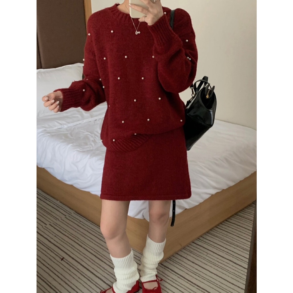 情人節千金高級感針織滿版珍珠釘珠毛衣套裝毛衣+氣質高腰顯瘦短裙經典小香黑酒紅2色-細節圖4