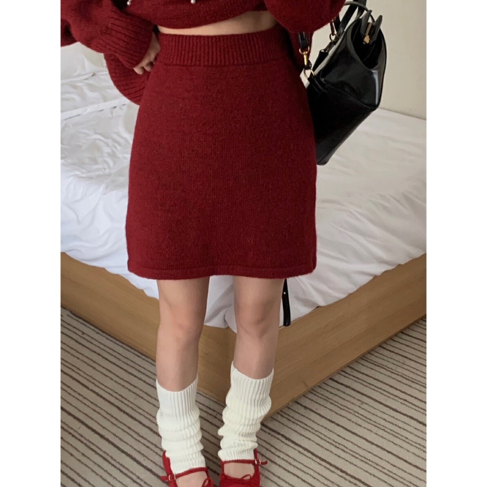 情人節千金高級感針織滿版珍珠釘珠毛衣套裝毛衣+氣質高腰顯瘦短裙經典小香黑酒紅2色-細節圖5