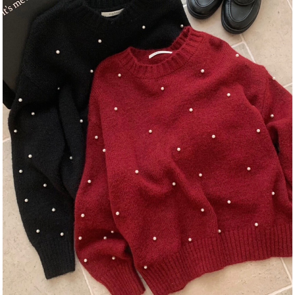 情人節千金高級感針織滿版珍珠釘珠毛衣套裝毛衣+氣質高腰顯瘦短裙經典小香黑酒紅2色-細節圖6