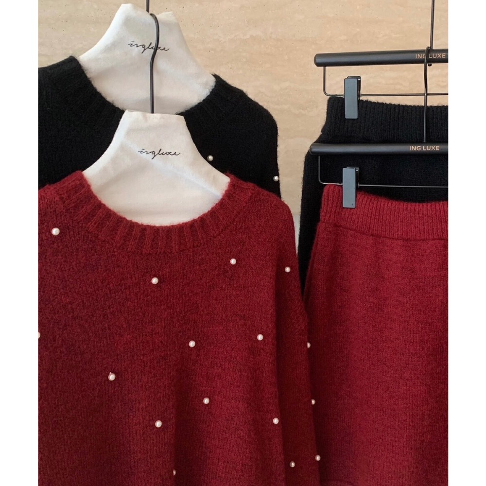 情人節千金高級感針織滿版珍珠釘珠毛衣套裝毛衣+氣質高腰顯瘦短裙經典小香黑酒紅2色-細節圖7