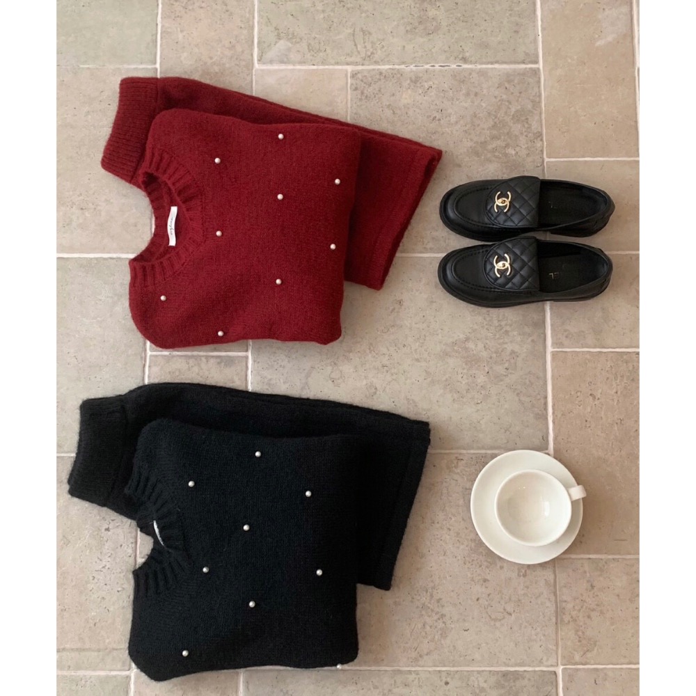 情人節千金高級感針織滿版珍珠釘珠毛衣套裝毛衣+氣質高腰顯瘦短裙經典小香黑酒紅2色-細節圖8