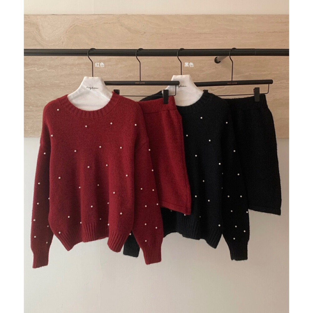 情人節千金高級感針織滿版珍珠釘珠毛衣套裝毛衣+氣質高腰顯瘦短裙經典小香黑酒紅2色-細節圖9