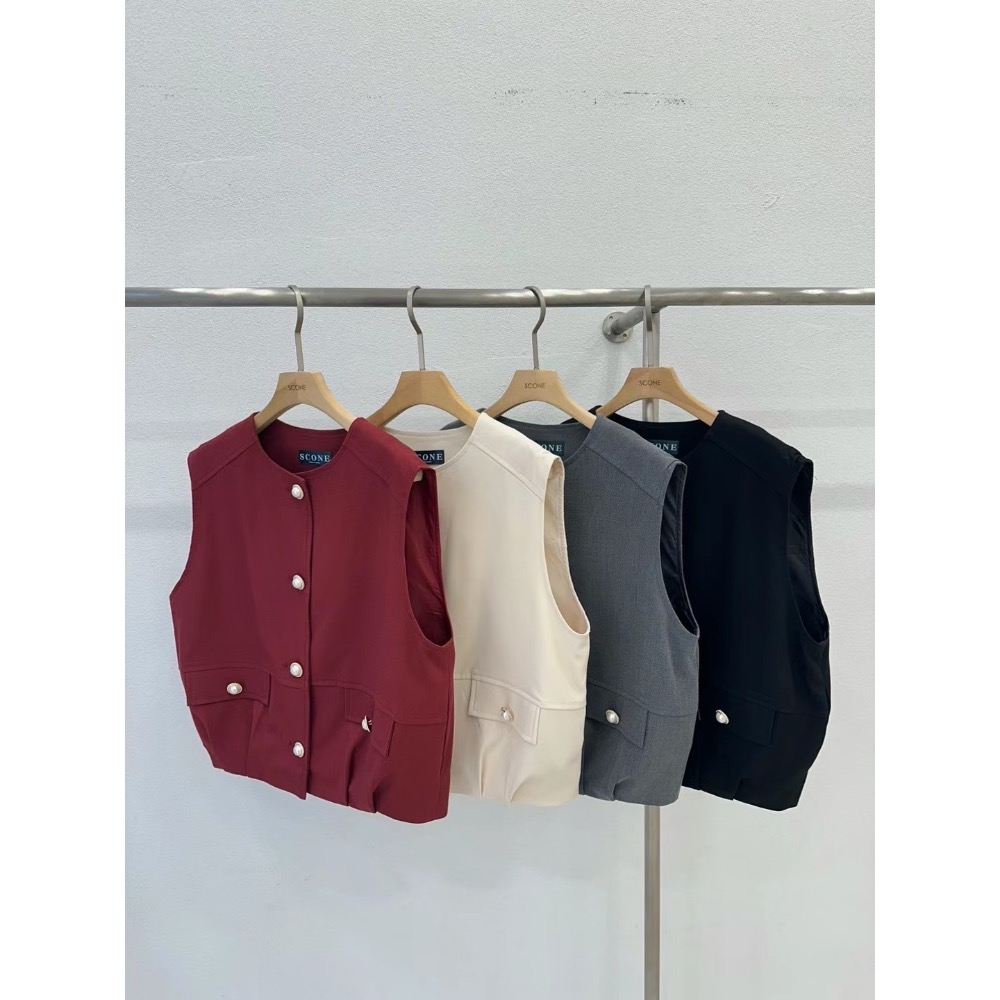 台中現貨⚡️百元正韓🇰🇷空運7折出清 大碼友善 挺版西裝外套背心大珍珠扣 下擺縮口 酒紅現貨 四季貴婦小香風-細節圖4