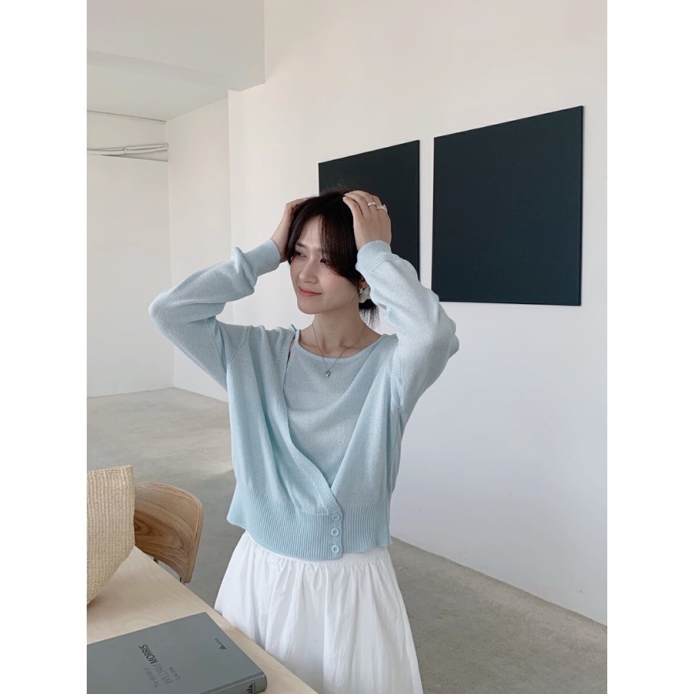 台中現貨⚡️簡約耐看單品 設計師款 不規則假兩件亞麻側扣套頭針織衫 削肩背心-細節圖2