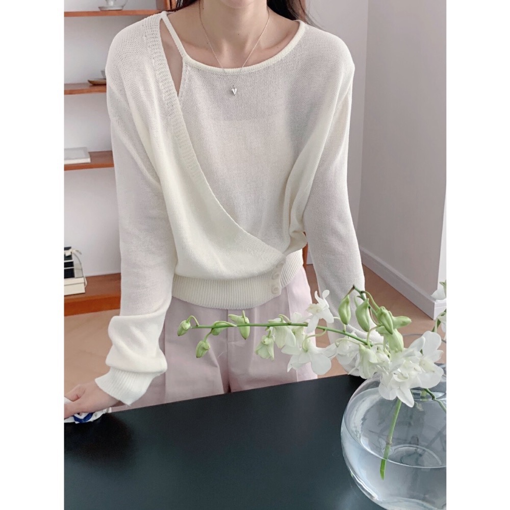 台中現貨⚡️簡約耐看單品 設計師款 不規則假兩件亞麻側扣套頭針織衫 削肩背心-細節圖9