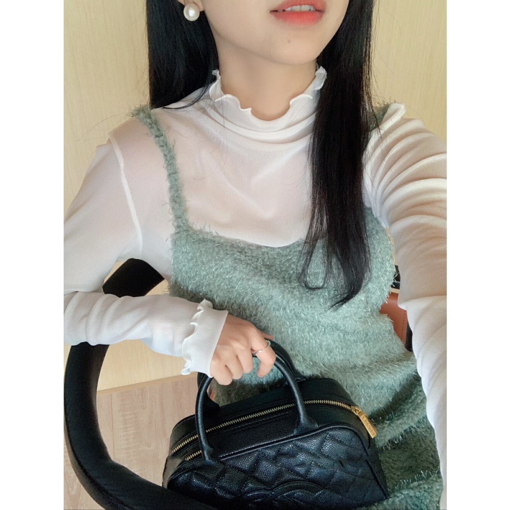 台中現貨⚡️韓系春夏必搭 彈性 超多色木耳邊堆堆領網紗長袖薄款上衣修身顯瘦打底衫-細節圖2