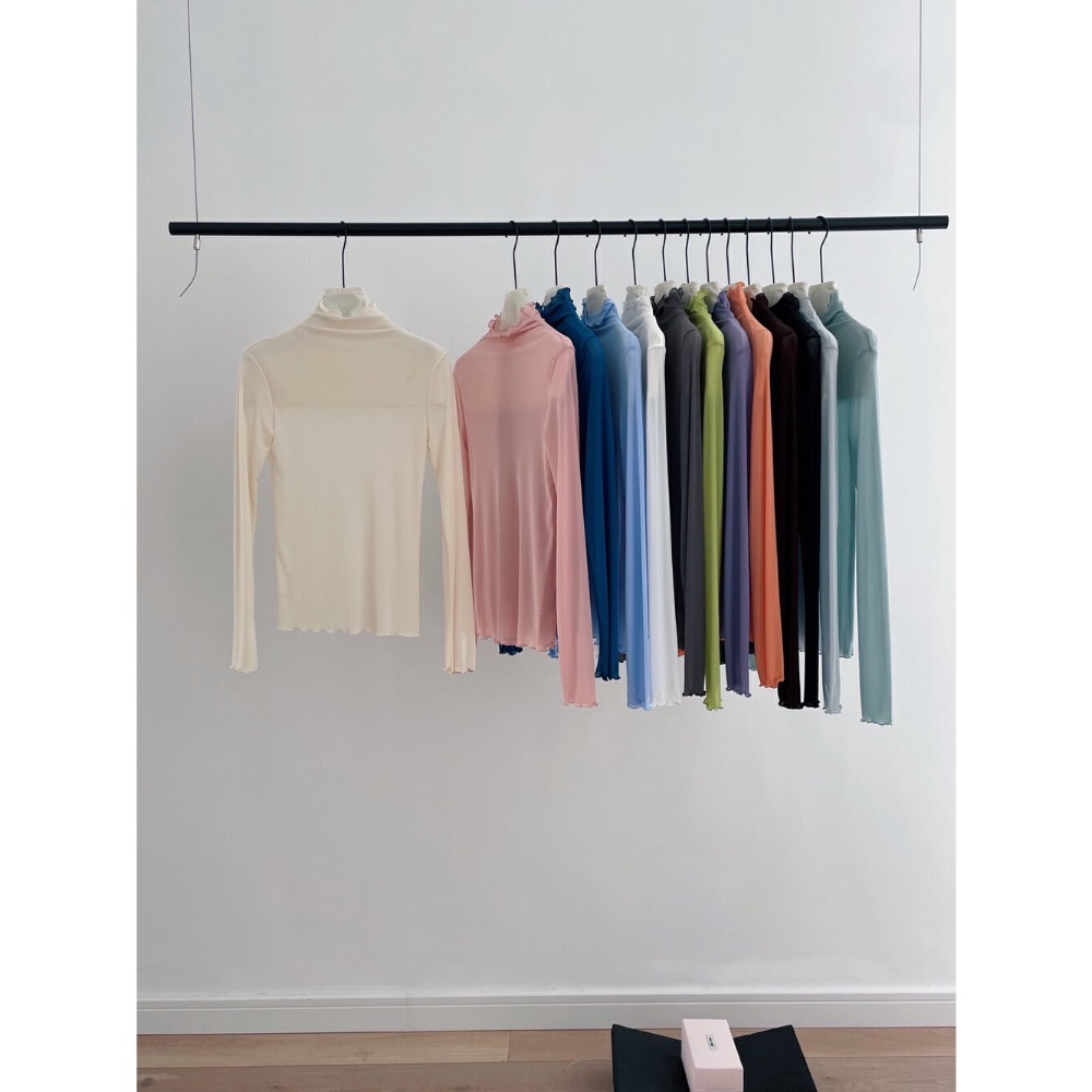 台中現貨⚡️韓系春夏必搭 彈性 超多色木耳邊堆堆領網紗長袖薄款上衣修身顯瘦打底衫-細節圖4