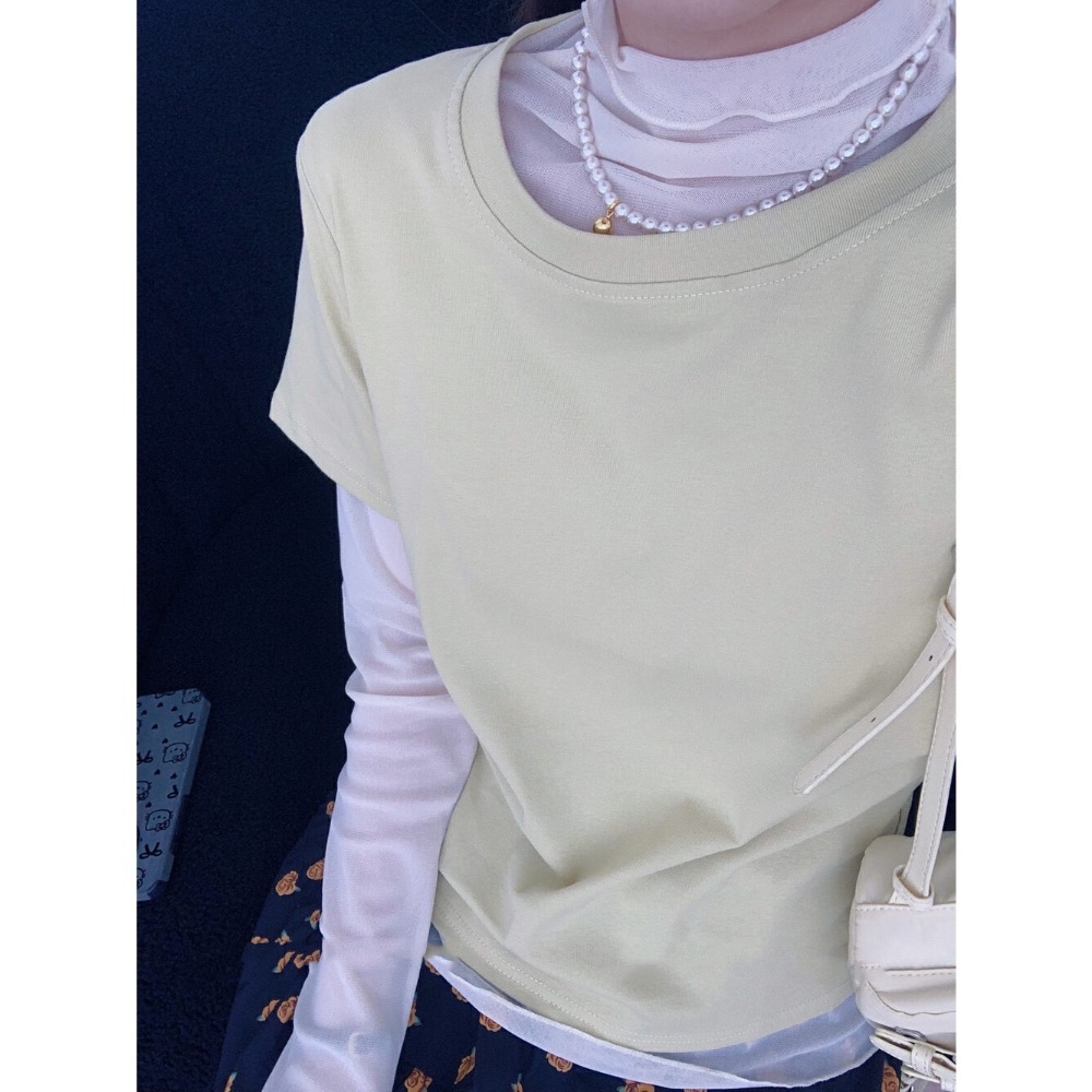 台中現貨⚡️韓系春夏必搭 彈性 超多色木耳邊堆堆領網紗長袖薄款上衣修身顯瘦打底衫-細節圖6