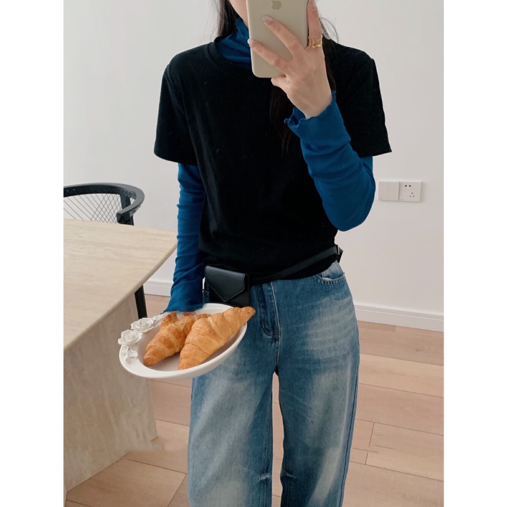 台中現貨⚡️韓系春夏必搭 彈性 超多色木耳邊堆堆領網紗長袖薄款上衣修身顯瘦打底衫-細節圖7