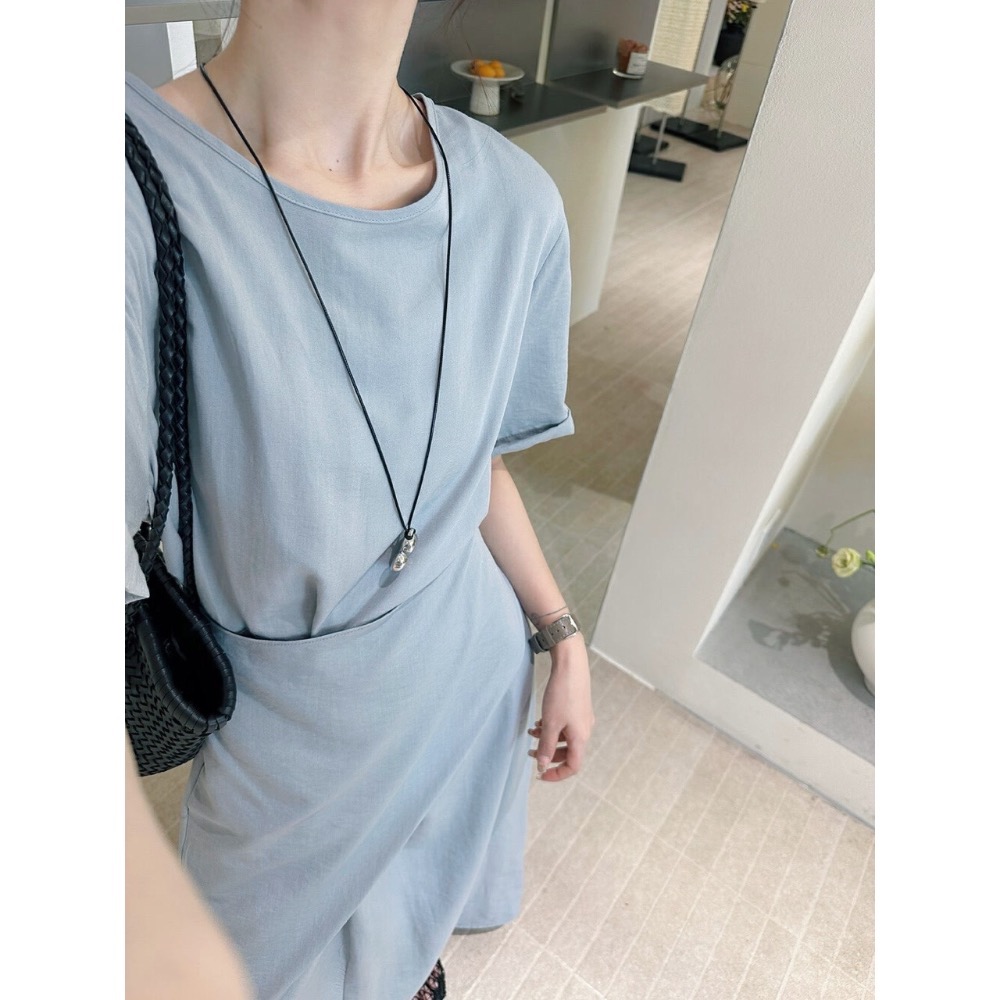 台中現貨⚡️獨家～法式溫柔純色不規則綁帶腰圍鬆緊真口袋收腰顯瘦短袖混棉洋裝連衣裙 淺藍/藏藍 大碼友善-細節圖2