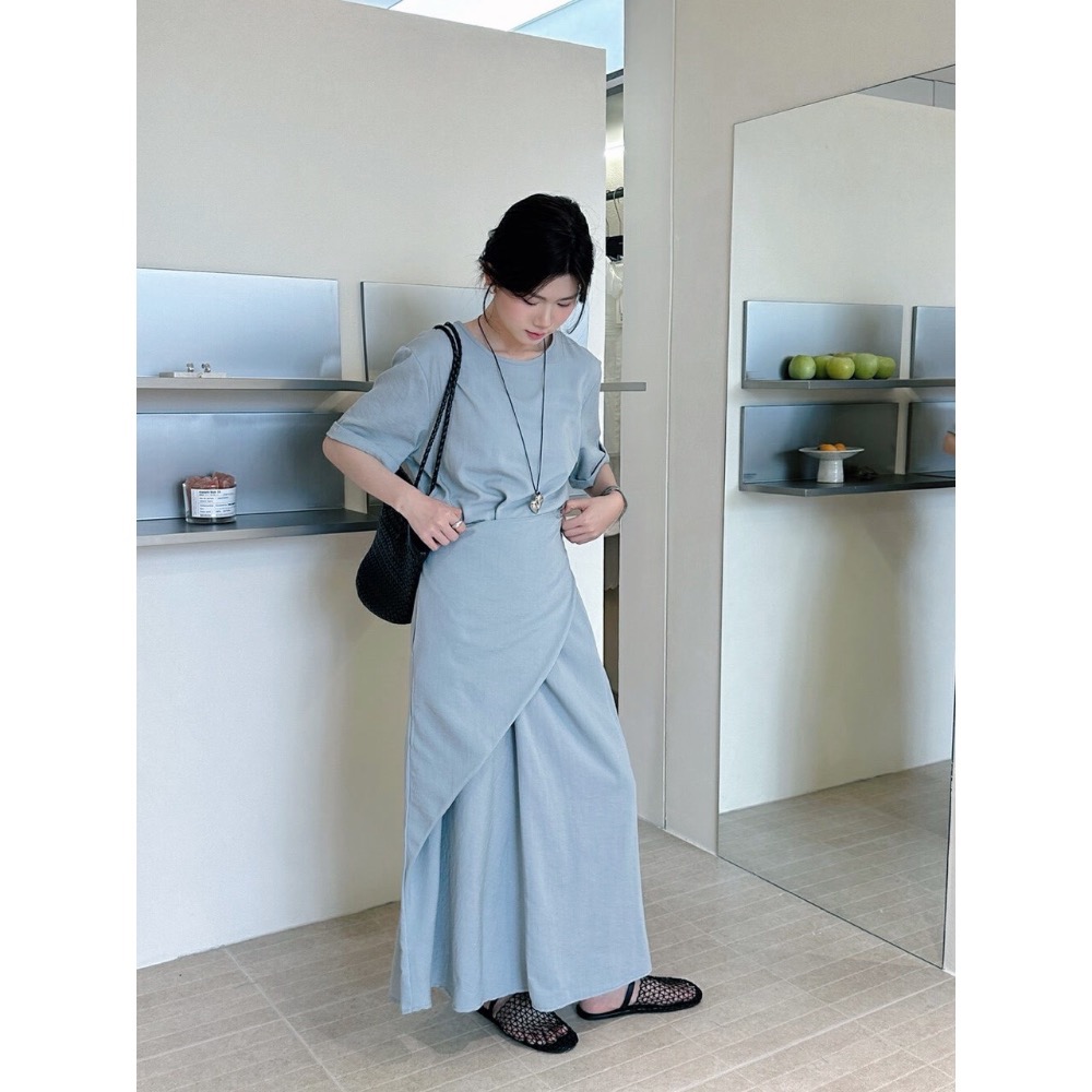 台中現貨⚡️獨家～法式溫柔純色不規則綁帶腰圍鬆緊真口袋收腰顯瘦短袖混棉洋裝連衣裙 淺藍/藏藍 大碼友善-細節圖3
