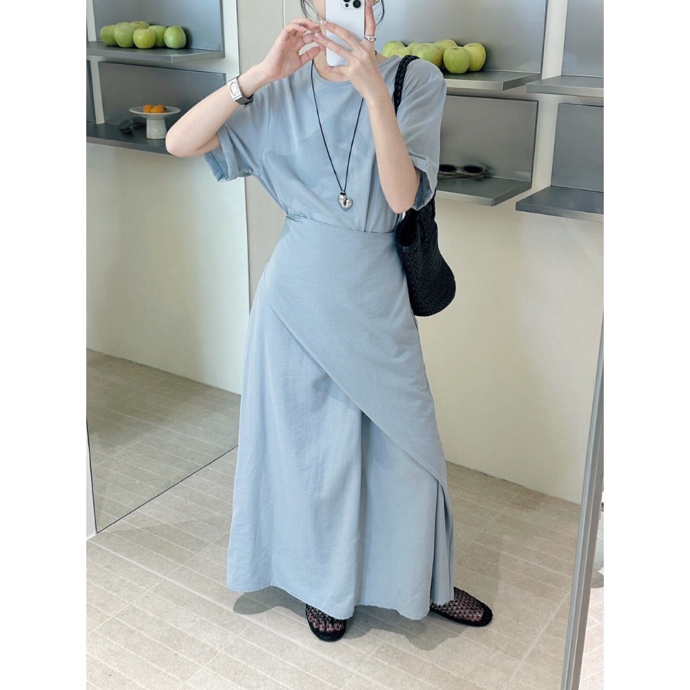 台中現貨⚡️獨家～法式溫柔純色不規則綁帶腰圍鬆緊真口袋收腰顯瘦短袖混棉洋裝連衣裙 淺藍/藏藍 大碼友善-細節圖6