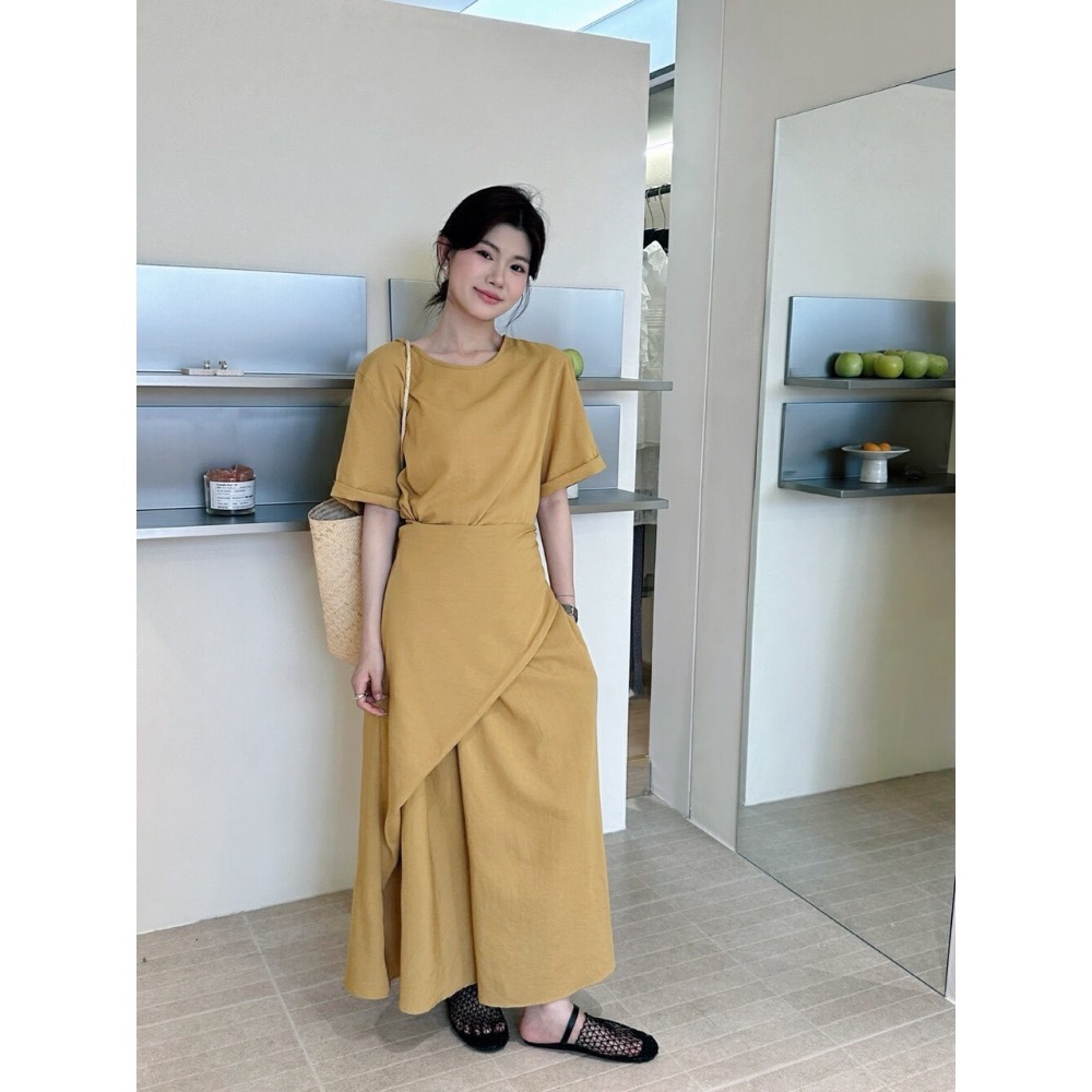 台中現貨⚡️獨家～法式溫柔純色不規則綁帶腰圍鬆緊真口袋收腰顯瘦短袖混棉洋裝連衣裙 淺藍/藏藍 大碼友善-細節圖8