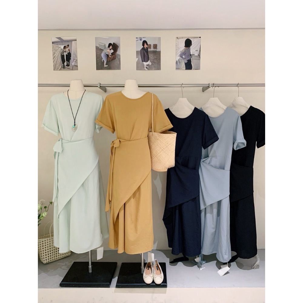 台中現貨⚡️獨家～法式溫柔純色不規則綁帶腰圍鬆緊真口袋收腰顯瘦短袖混棉洋裝連衣裙 淺藍/藏藍 大碼友善-細節圖10