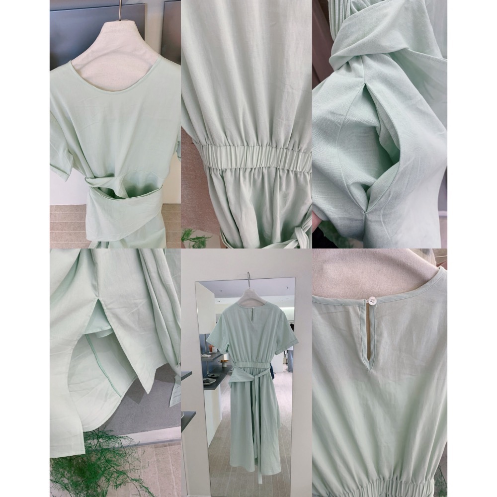 台中現貨⚡️獨家～法式溫柔純色不規則綁帶腰圍鬆緊真口袋收腰顯瘦短袖混棉洋裝連衣裙 淺藍/藏藍 大碼友善-細節圖11