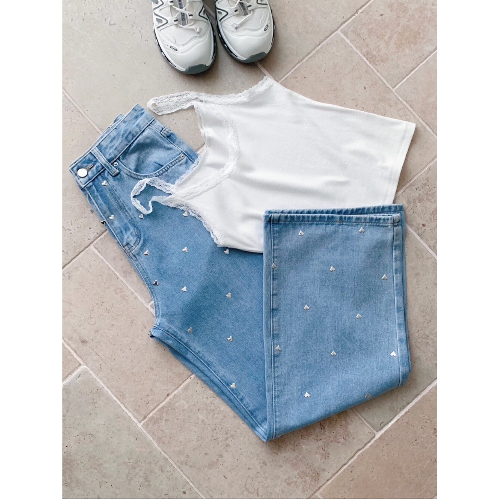 台中現貨⚡️韓版春季新款百搭直筒褲y2k銀色🩶愛心貼鑽高腰垂墜感牛仔褲  SML-細節圖3