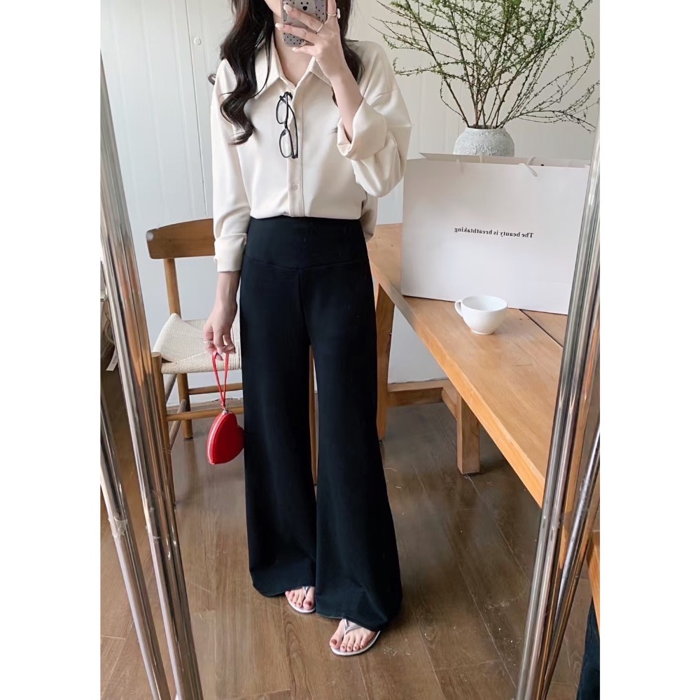 台中現貨⚡️顯瘦到爆🔥瘦瘦褲 超修飾！高腰收腹垂墜感彈力傘擺喇叭寬褲-細節圖4