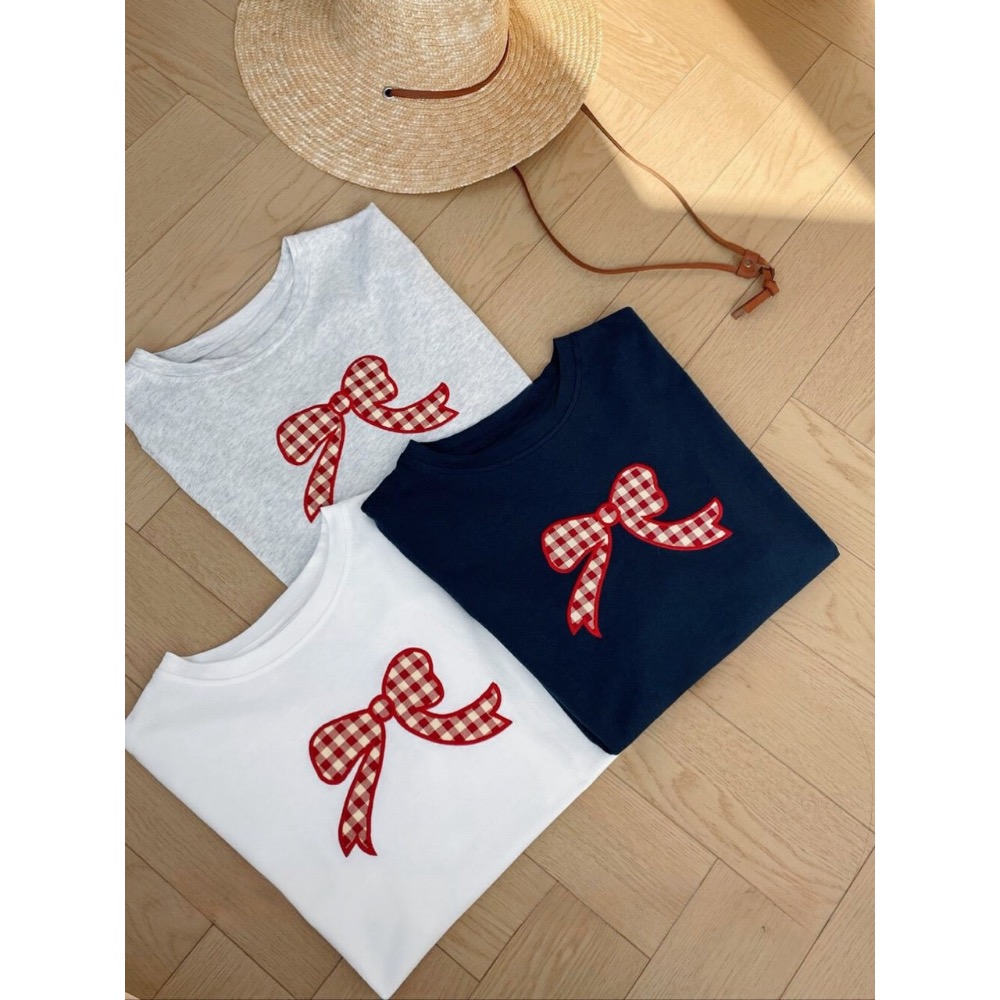 台中現貨⚡️格紋蝴蝶結印花 短袖下恤-細節圖4