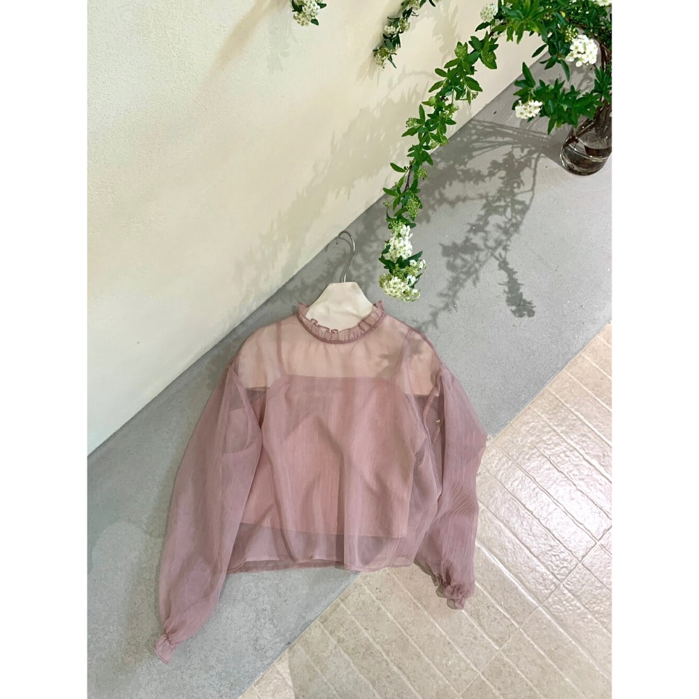 台中現貨⚡️氣質網紗罩衫花邊領滾邊罩衫若飲若現+吊帶背心兩件套套裝-細節圖2