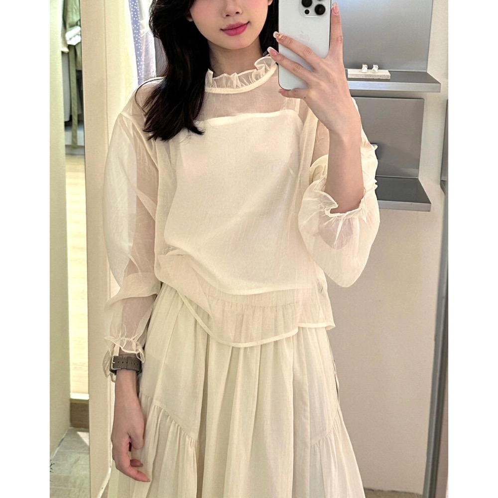 台中現貨⚡️氣質網紗罩衫花邊領滾邊罩衫若飲若現+吊帶背心兩件套套裝-細節圖4