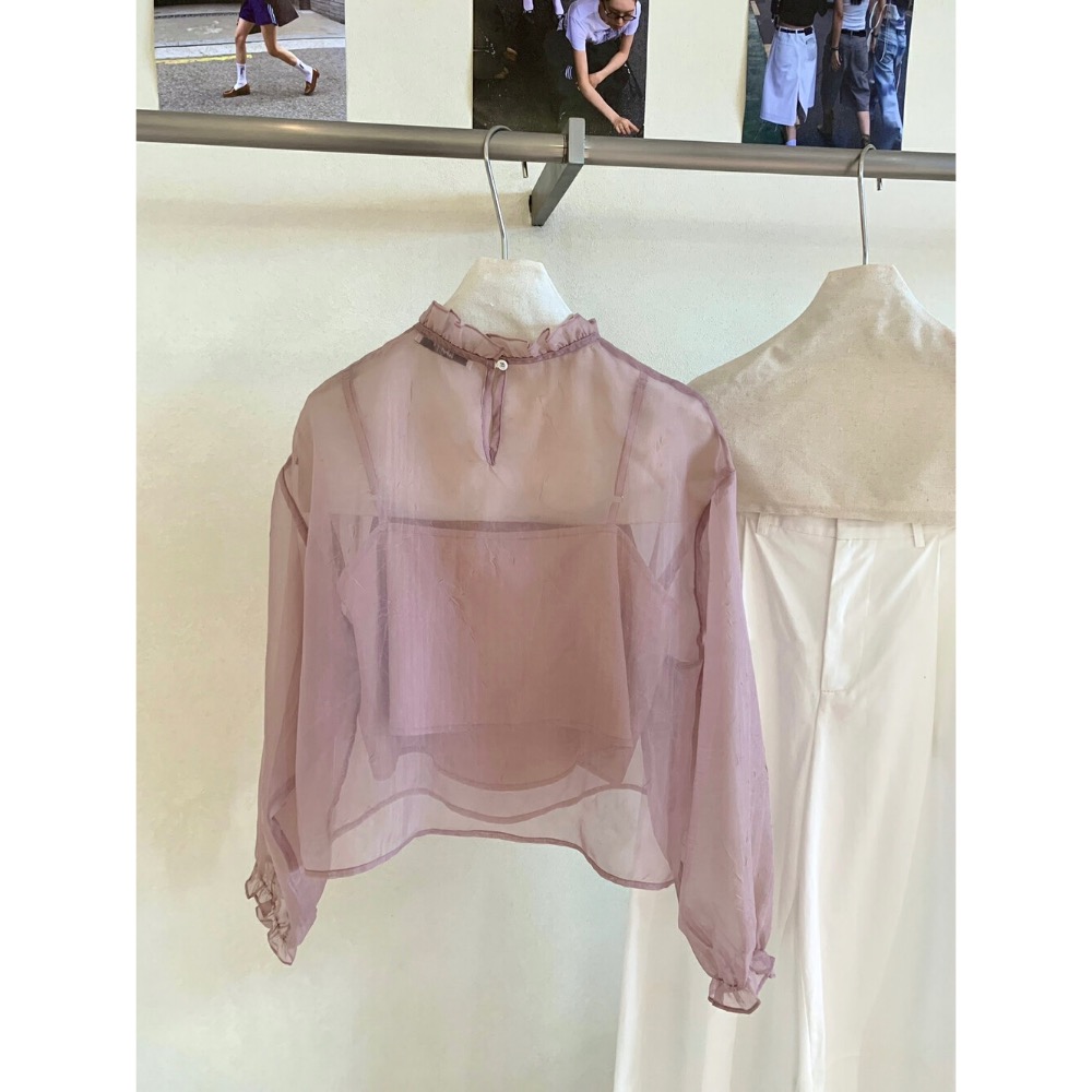 台中現貨⚡️氣質網紗罩衫花邊領滾邊罩衫若飲若現+吊帶背心兩件套套裝-細節圖5