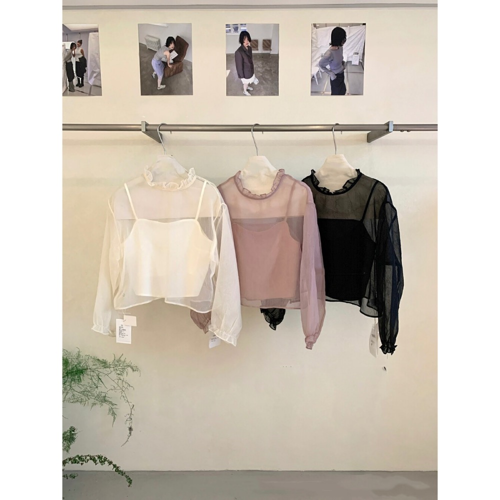 台中現貨⚡️氣質網紗罩衫花邊領滾邊罩衫若飲若現+吊帶背心兩件套套裝-細節圖6