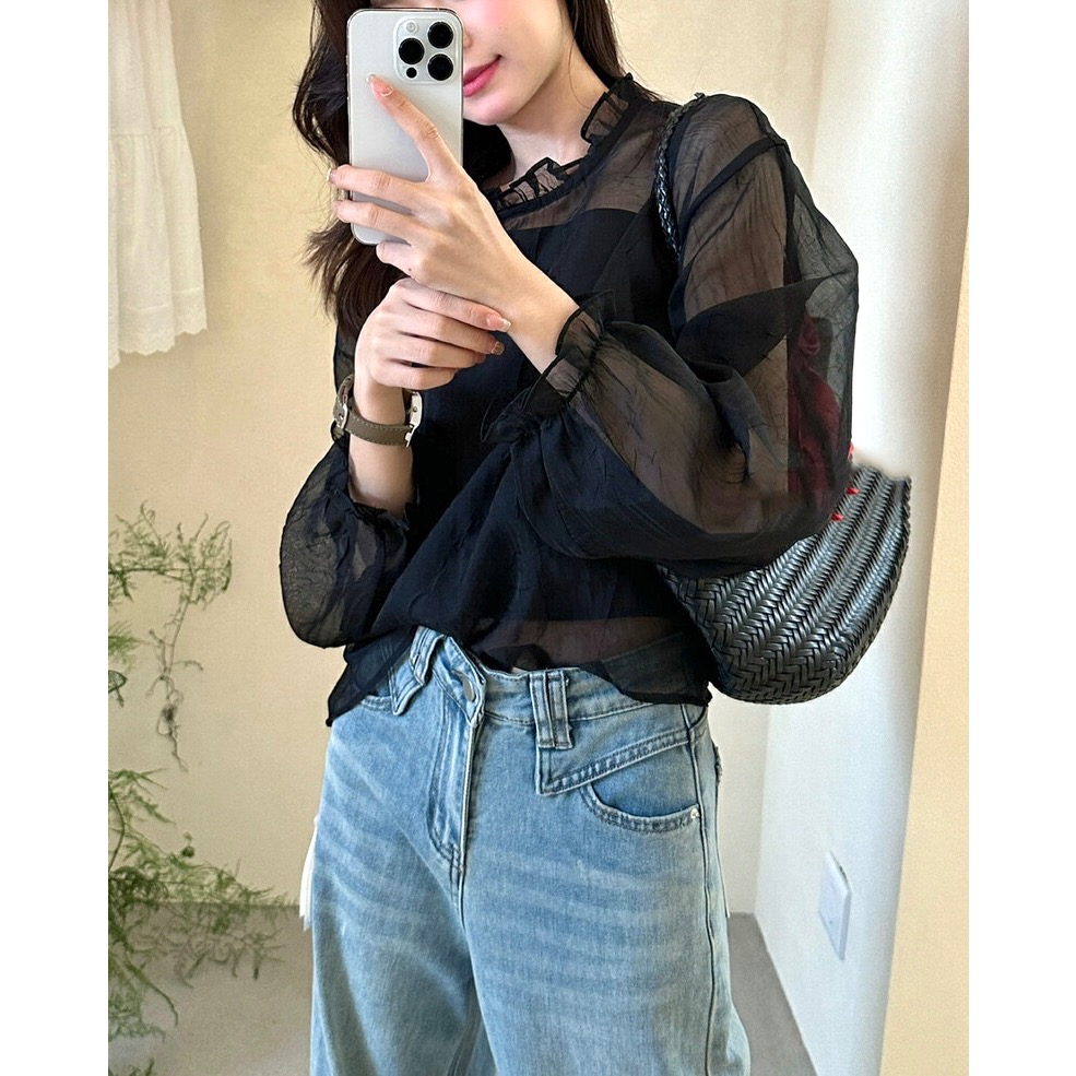 台中現貨⚡️氣質網紗罩衫花邊領滾邊罩衫若飲若現+吊帶背心兩件套套裝-細節圖8