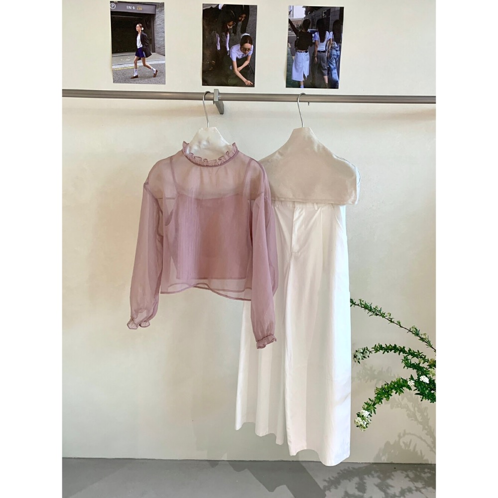 台中現貨⚡️氣質網紗罩衫花邊領滾邊罩衫若飲若現+吊帶背心兩件套套裝-細節圖9