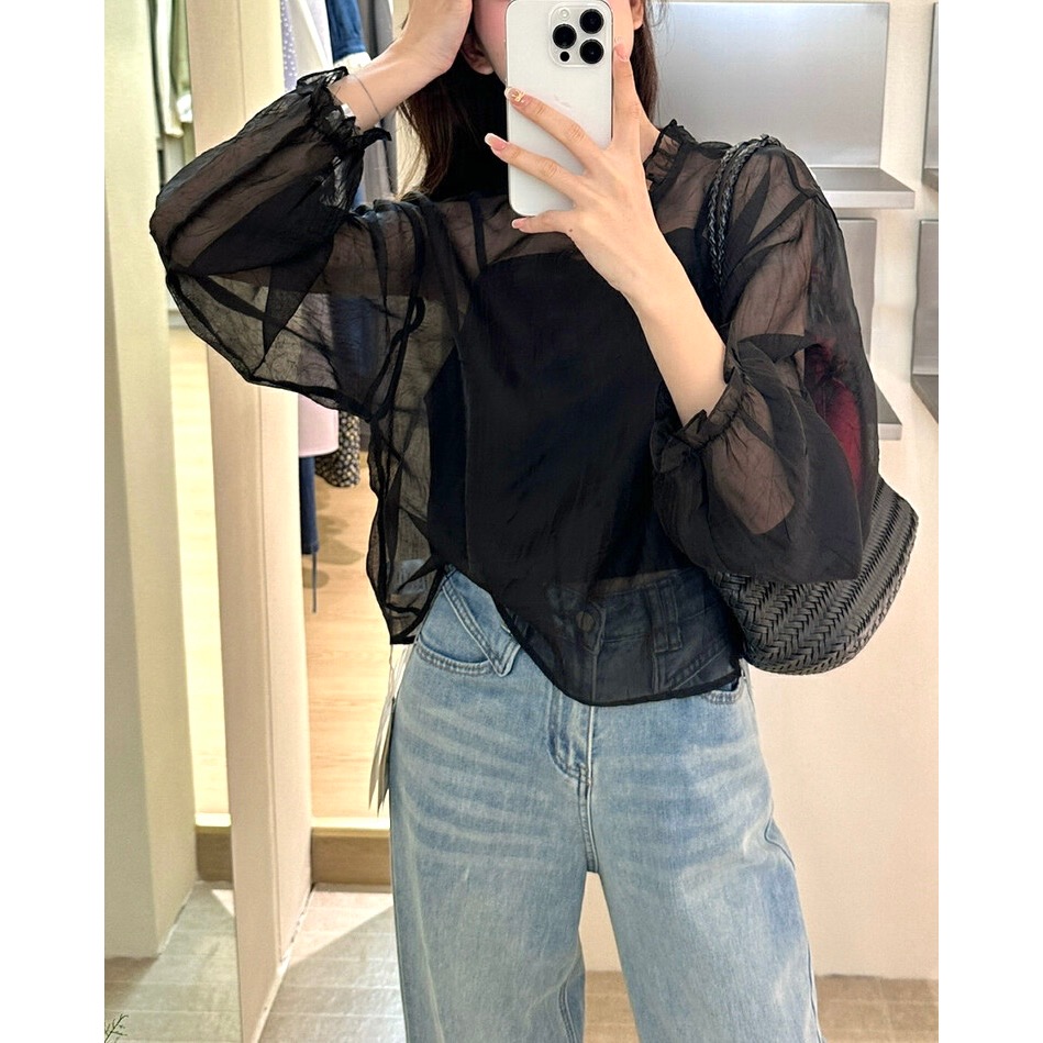 台中現貨⚡️氣質網紗罩衫花邊領滾邊罩衫若飲若現+吊帶背心兩件套套裝-細節圖10