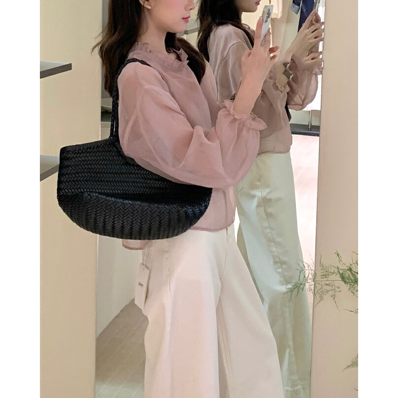 台中現貨⚡️氣質網紗罩衫花邊領滾邊罩衫若飲若現+吊帶背心兩件套套裝-細節圖11