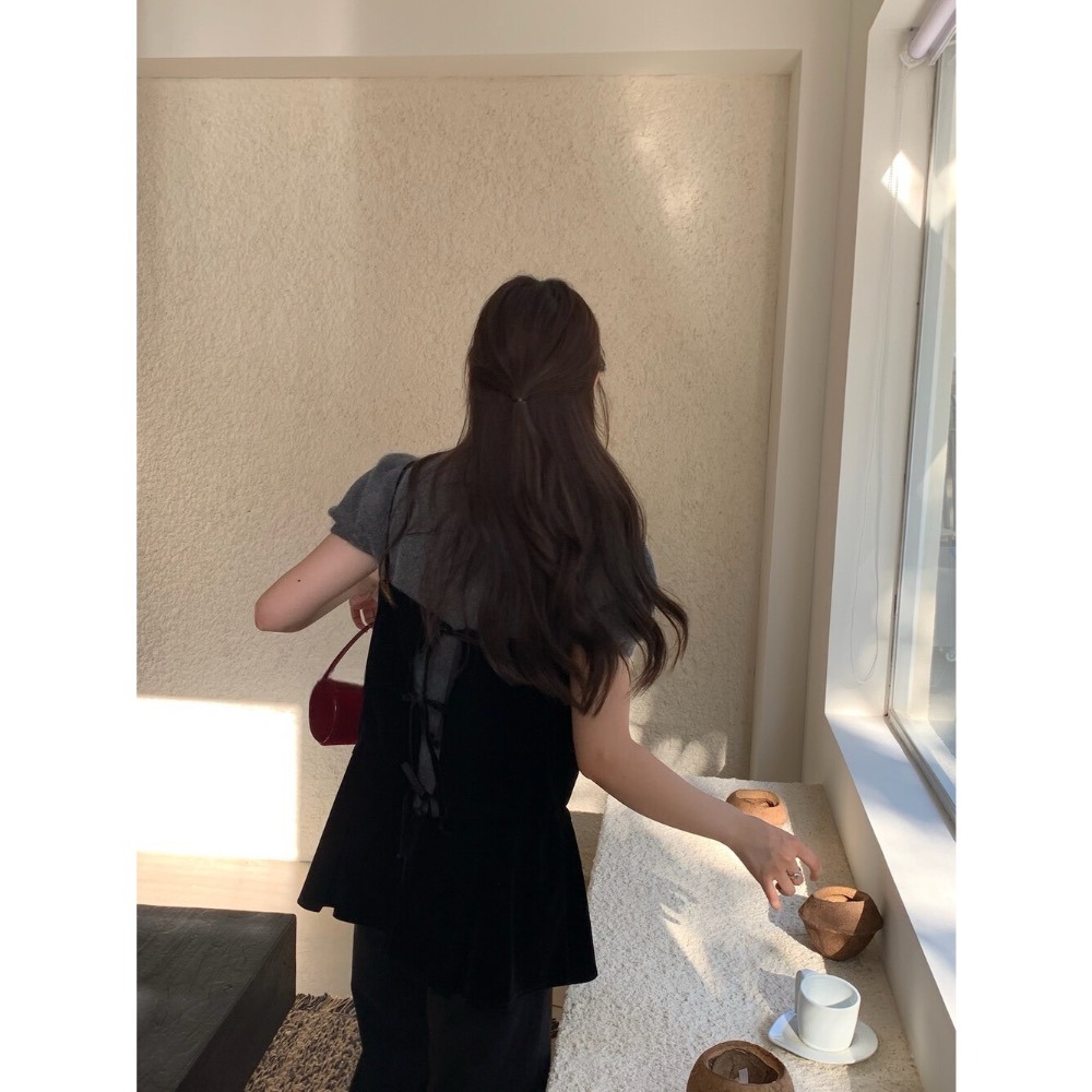 ［台中現貨⚡️］202511💘小資大胸友善🥰絲絨抽繩綁帶疊穿吊帶背心-細節圖3