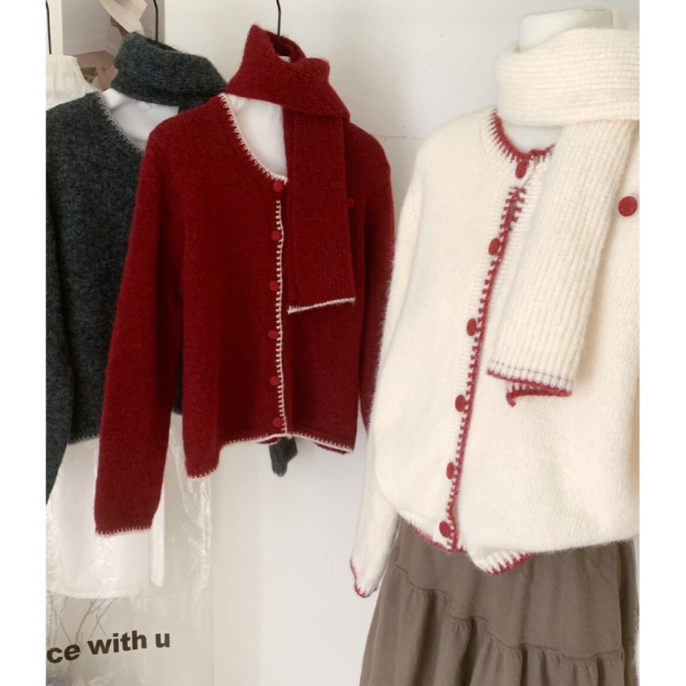 ［台中現貨⚡️202511小資💘撞色縫線外搭毛衣外套+脖圍套裝  3色-細節圖2