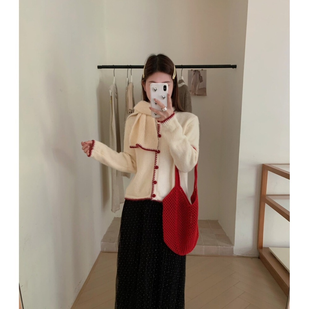 ［台中現貨⚡️202511小資💘撞色縫線外搭毛衣外套+脖圍套裝  3色-細節圖3